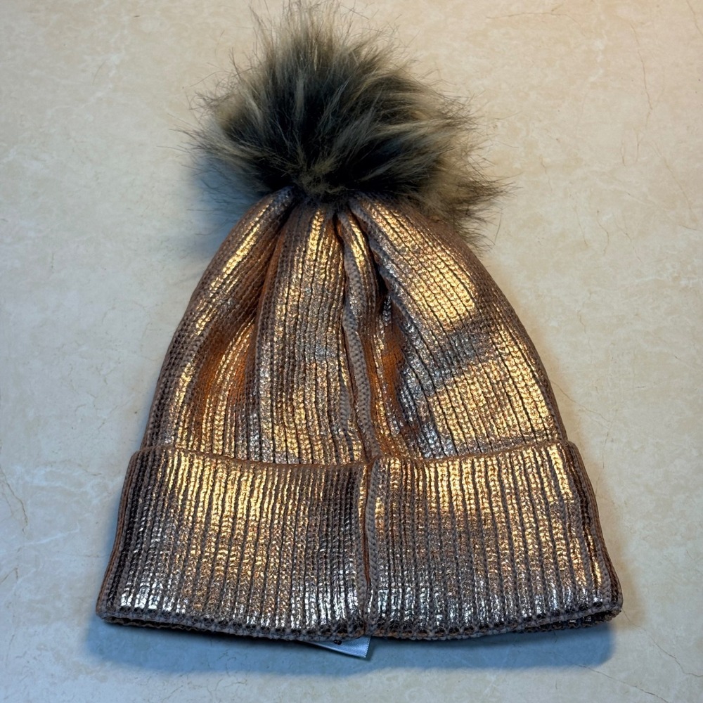 Scoop Rose Gold Metallic Knit Beanie Satin Lined Faux Fur Pom Pom Winter Girly